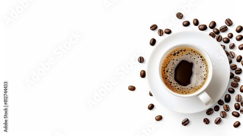 White cup of coffee on white background with scattered coffee beans