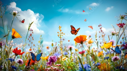 Vibrant Wildflowers and Butterflies Under Sunny Skies. Nature Scene for Peaceful Imagery and Summer Concepts. Perfect for Background Usage. AI