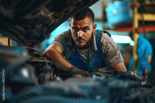 A skilled mechanic attentively examines the engine of a vehicle in a workshop © anatolir