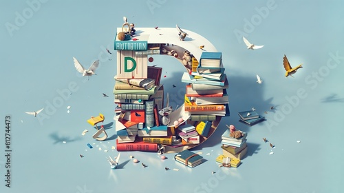 Isometric letter D formed by stacks of books with people and birds