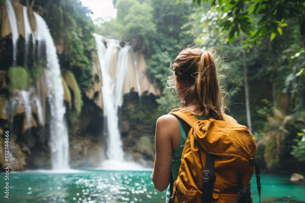 A woman traveler with a backpack enjoying a waterfall in a natural landscape A woman traveler with a backpack enjoying a waterfall in a natural landscape
