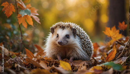 Leafy Haven, Charming Hedgehog Enjoys Crisp Fall Air, Nested in a Tapestry of Autumn Colors