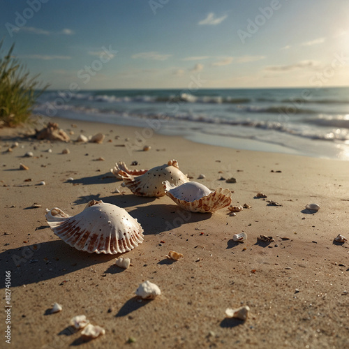Serene Beach Sunrise with Seashells and Gentle Waves