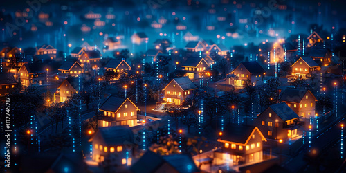 Suburban Nightlife: Digitally Connected Smart Homes Illuminated by Data Flow photo