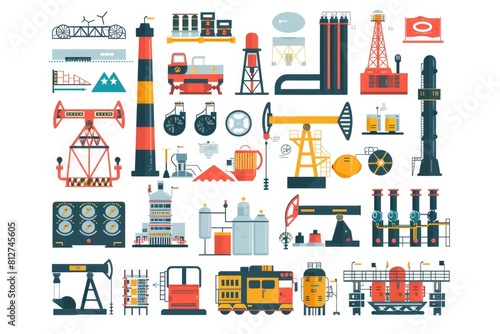 Various types of industrial equipment, suitable for manufacturing or construction projects