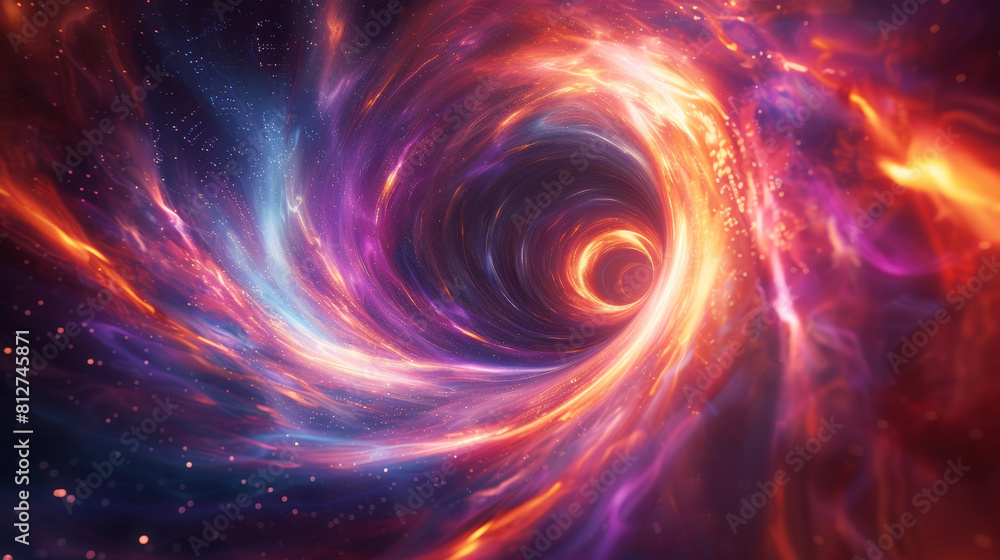 Vibrant depiction of a wormhole bending space and time in abstract form.