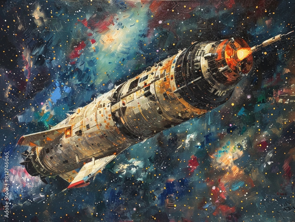 Mysterious and charming abstract oil of a space rocket, stars twinkling ...