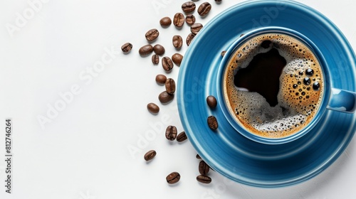 Blue cup of coffee on white background.