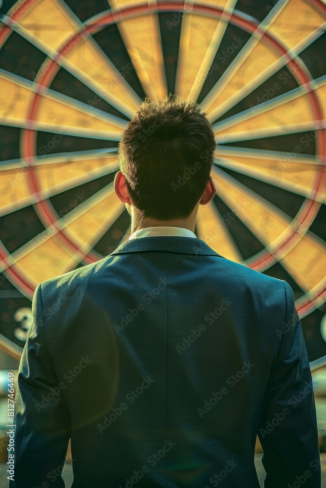 Businessman aims arrow at a virtual target dartboard Businessman aims arrow at a virtual target dartboard