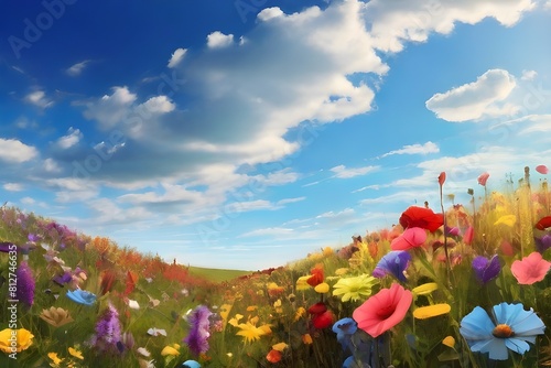  A field of vibrant wildflowers stretching towards the horizon beneath a vast expanse of blue sky. -