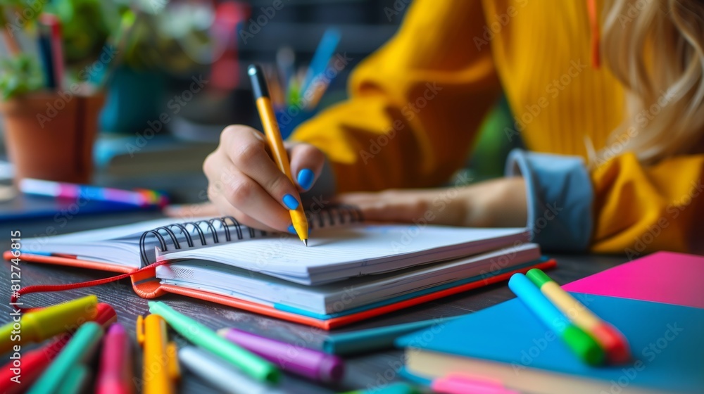 Hands at Work Writing in a Notebook Amidst a Kaleidoscope of Colorful Stationery Hands at Work Writing in a Notebook Amidst a Kaleidoscope of Colorful Stationery