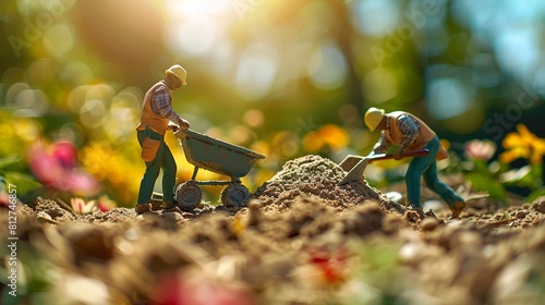 miniature illustration. the workers carry the sand into a pile with a wheelbarrow in a sandpit