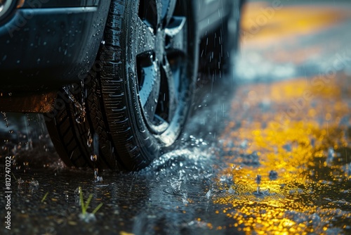 Closeup image of a vehicle s tire splashing through water on a rainsoaked street with reflection