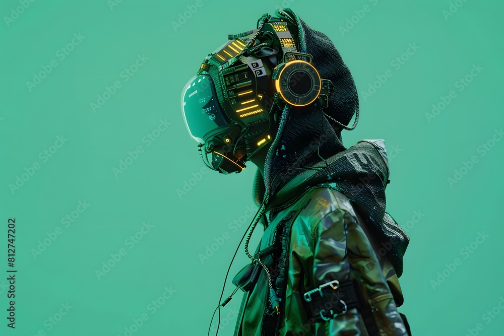 3D illustration of cyberpunk character on green screen. cyborg, humanoid, robot. 3D illustration of cyberpunk character on green screen. cyborg, humanoid, robot.