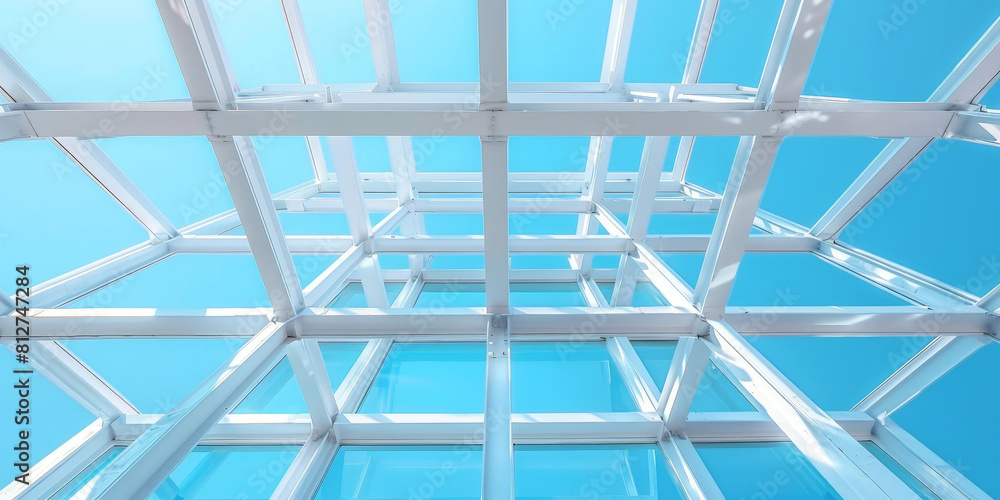 Naklejka premium White steel frame structure on blue sky background,