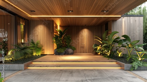The Aesthetic Appeal of Wooden Panels and Plants in a Contemporary Home Entrance