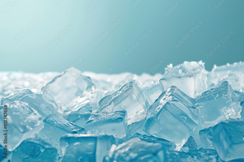 Obraz premium Crisp, clear ice cubes pile beautifully, conveying coolness and freshness with a hint of wintery chill on a serene blue background