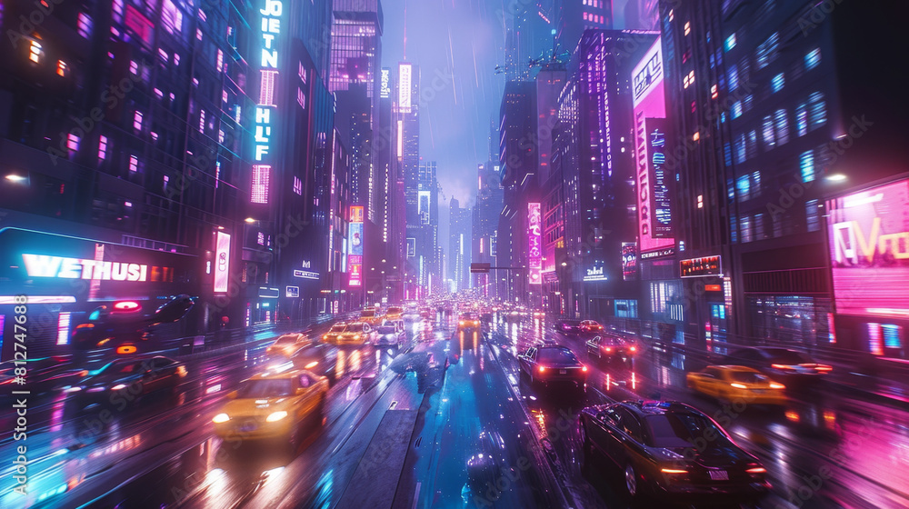 Vibrant city of tomorrow with flying cars and neon skyscrapers.