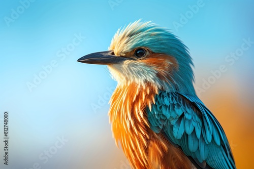 A European Roller displaying its bright blue and orange feathers, perched against a clear sky