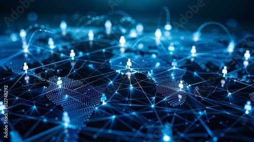 3D rendering of a business network concept showing people around the globe connected by lines on a dark blue background A business team working online using technology for a global