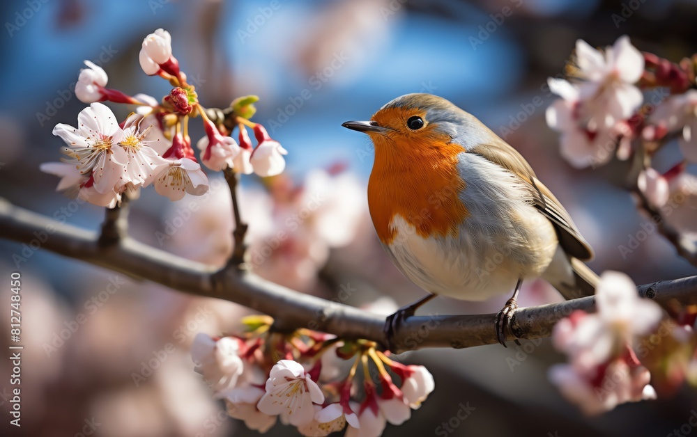 European Robin in mid song on a blossoming cherry tree branch, springtime background European Robin in mid song on a blossoming cherry tree branch, springtime background