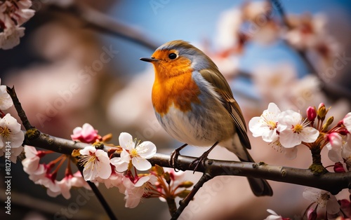 European Robin in mid song on a blossoming cherry tree branch, springtime background © Nat