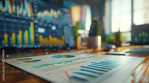 A closeup of financial graphs and charts on an office desk, symbolizing the use of data in business planning for latest growing stock A 3D rendering in the style of growing stock