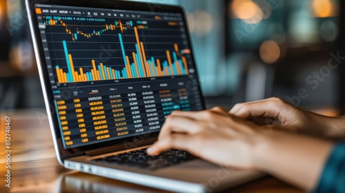 A business professional using a laptop to explore stock market data on financial software