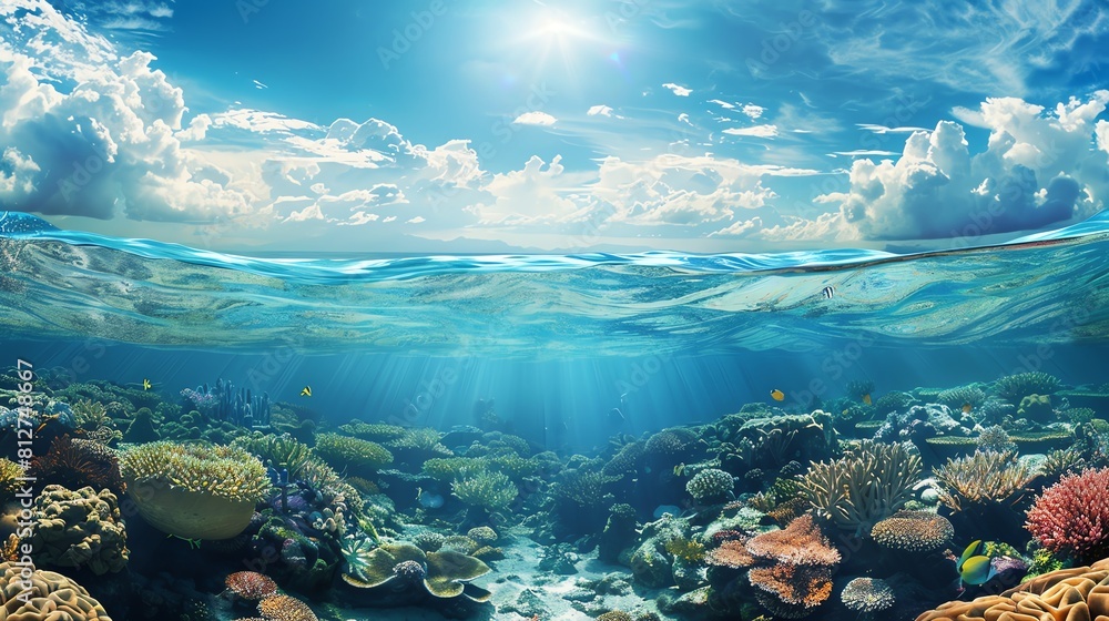 Craft a minimalist underwater scene in a surreal ambiance, featuring vibrant coral reefs seen from a fish-eye lens perspective Craft a minimalist underwater scene in a surreal ambiance, featuring vibrant coral reefs seen from a fish-eye lens perspective