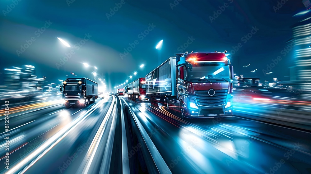 Futuristic Trucks Speeding on Highway at Night. Dynamic Motion Blur Transport. Modern Logistic and Delivery Services Concept. AI Futuristic Trucks Speeding on Highway at Night. Dynamic Motion Blur Transport. Modern Logistic and Delivery Services Concept. AI