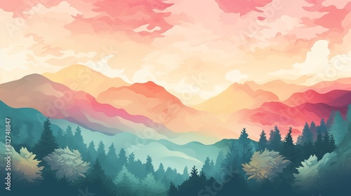 Stunning Illustration of Serene Landscape at Sunset with Mountains and Forest.
