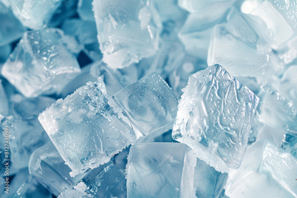 High-resolution image showcasing a fresh, translucent pile of ice cubes, perfect for cool summer drinks, detailed and close-up view High-resolution image showcasing a fresh, translucent pile of ice cubes, perfect for cool summer drinks, detailed and close-up view