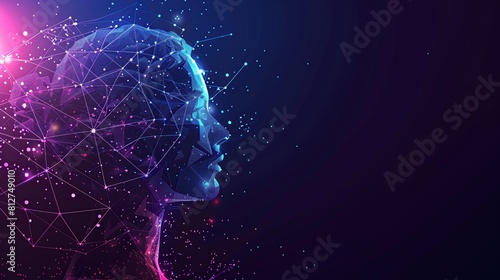 Blue background with network connection woman face made of lines and dots