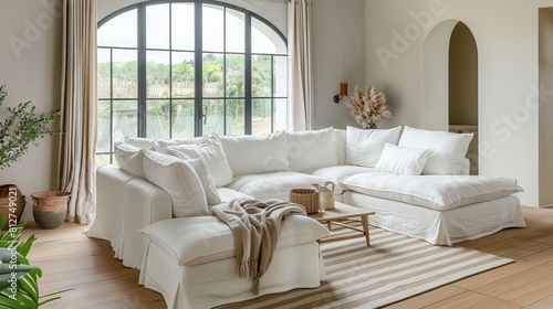 A large white linen sofa in the middle of an open space