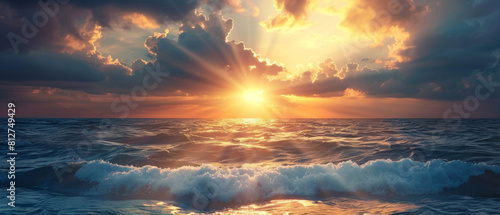 Sunrays pierce through manipulated clouds, illuminating stormy sea