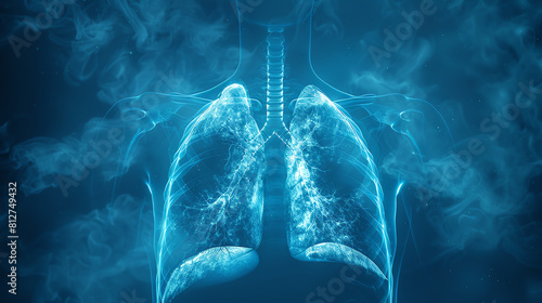 A striking 3D visualization of human lungs enveloped in ethereal blue smoke, highlighting the delicate structure and functionality of the respiratory system. photo