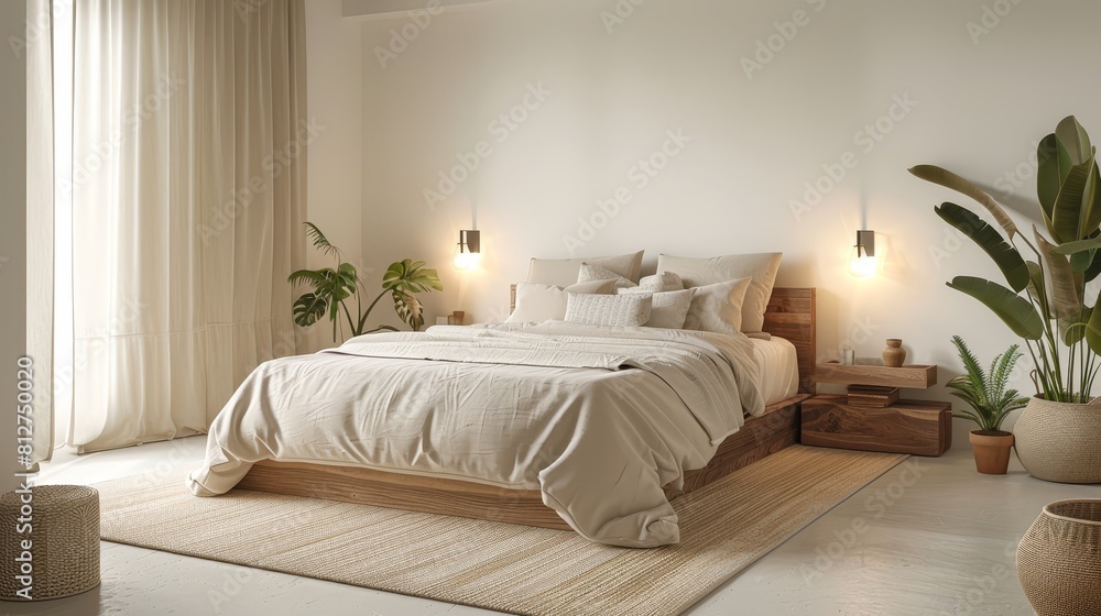 Modern bedroom with a wooden bed Modern bedroom with a wooden bed