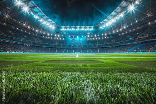 A panoramic perspective of a football stadium during an evening match, showcasing the illuminated stands and energetic audience