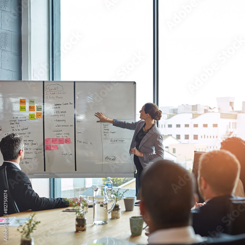 Картината върху платно Business people, whiteboard and woman speaker with presentation in office for planning, schedule or project management