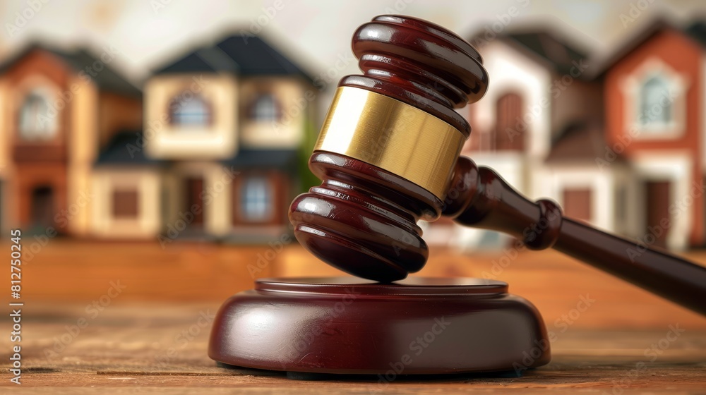 The wooden gavel of the court and houses on a blurred background, representing the real estate law concept blurred backgrounds The wooden gavel of the court and houses on a blurred background, representing the real estate law concept blurred backgrounds