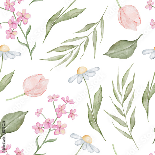 Hand Drawn Watercolor Flowers Seamless Pattern. Hand drawn floral decorative background print
