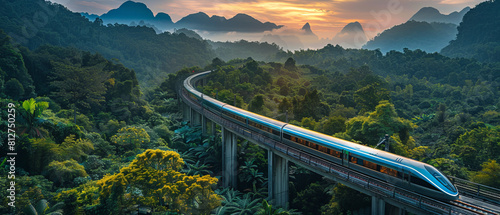 A futuristic maglev train speeds through a lush landscape, harmonizing technology and nature. photo