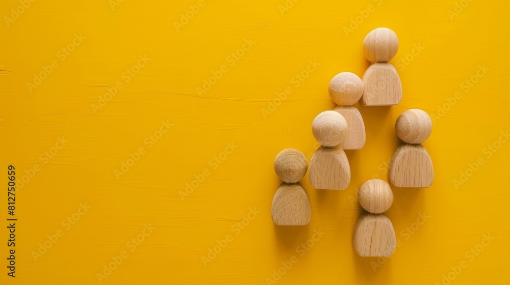 Wooden figures of people on yellow background top view. Teamwork, teambuilding concept Wooden figures of people on yellow background top view. Teamwork, teambuilding concept