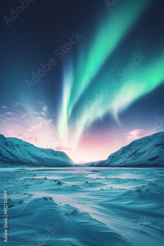 Vivid Aurora Borealis display over snowy mountain range, with greens and purples dancing in the sky.