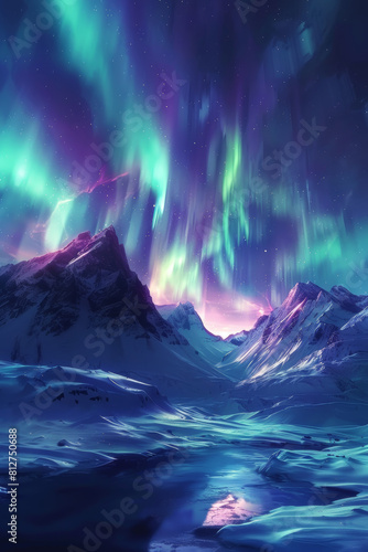 Vivid Northern Lights dance above snowy mountains in green and purple hues.