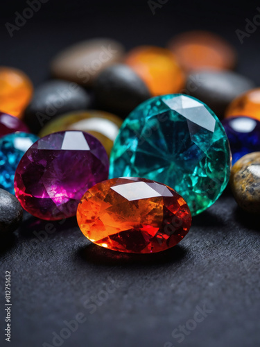 Magical Gemstone Array, Colorful Stones Adorning a Dark Canvas