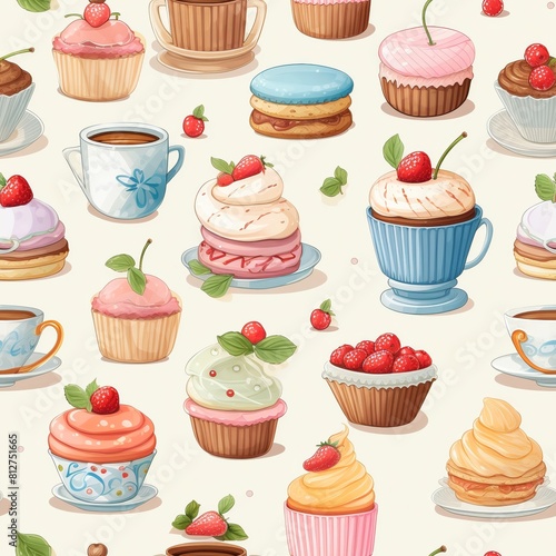A seamless pattern of cupcakes  cakes  and coffee cups with a pink  blue  and green color scheme. The background is white.
