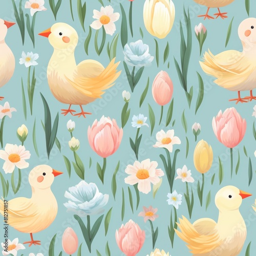 Cute cartoon ducklings and spring flowers. Seamless vector pattern.