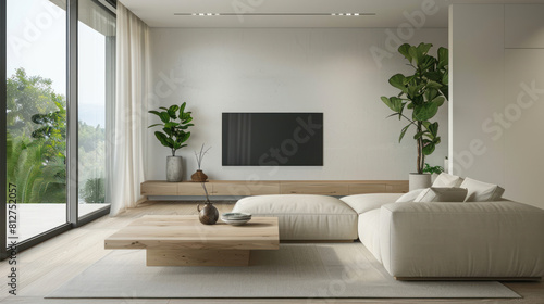 Natural wood coffee table between beige sofa and tv unit against window. Minimalist interior design of modern living room  home.
