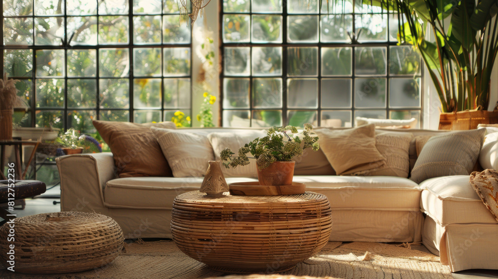 Round accent coffee table near rattan corner sofa against grid windows. Farmhouse country boho interior design of modern living room, home. Round accent coffee table near rattan corner sofa against grid windows. Farmhouse country boho interior design of modern living room, home.